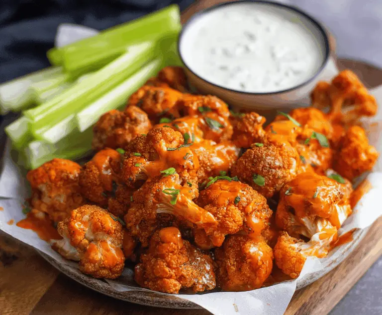 Crispy Air Fryer Buffalo Cauliflower bites served with dipping sauce on a plate, perfect for healthy snacking or appetizers