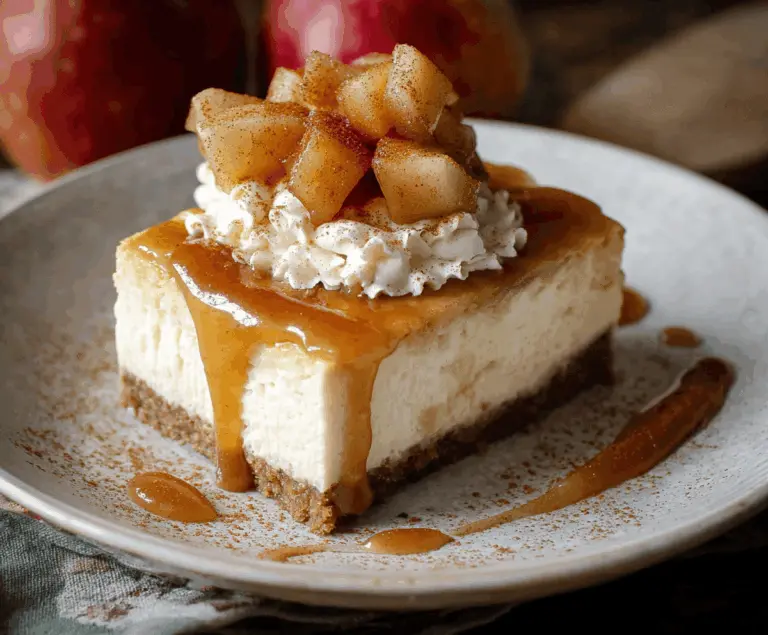 Delicious apple cider cheesecake topped with caramelized apple slices and cinnamon, served on a white plate for a perfect fall dessert.