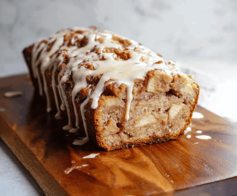 Delicious homemade apple fritter bread topped with cinnamon sugar and apple slices, ready to enjoy as a warm, sweet breakfast or dessert.