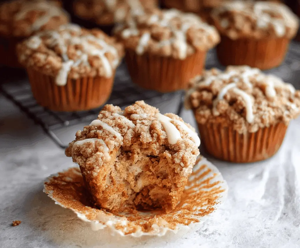 Delicious homemade Apple Pumpkin Streusel Muffins topped with cinnamon streusel and fresh apple slices on a baking tray