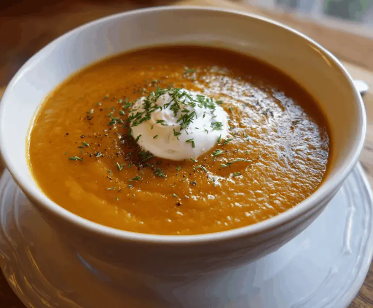 Creamy apple and sweet potato soup garnished with fresh herbs in a rustic bowl, perfect for a cozy meal