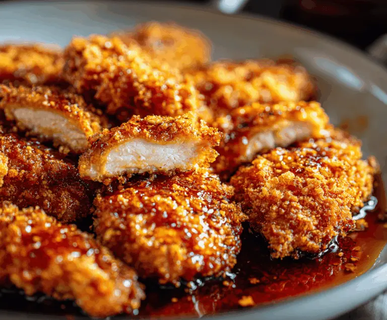 Crispy baked hot honey chicken served on a plate with a golden crust and drizzled with spicy honey glaze, garnished with fresh herbs.