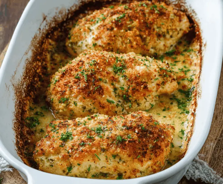 Delicious baked ranch chicken served with fresh herbs and vegetables on a white plate