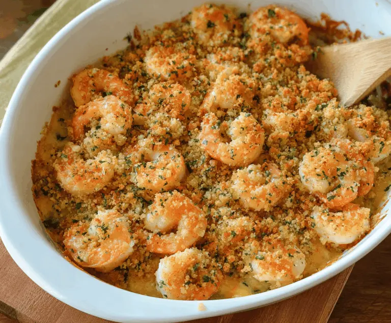 Delicious baked shrimp casserole topped with crispy buttery bread crumbs, served hot and garnished with fresh herbs