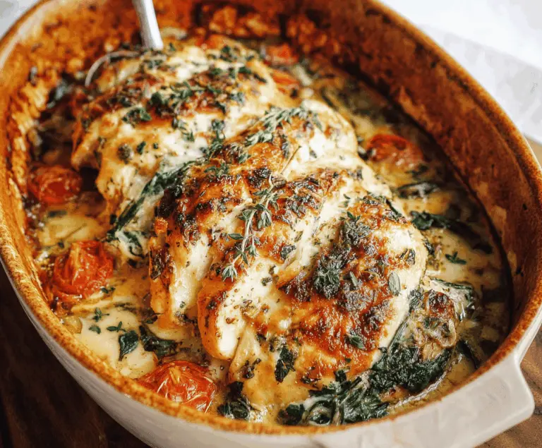 Delicious Baked Tuscan Chicken Casserole topped with golden cheese and fresh herbs, served in a baking dish