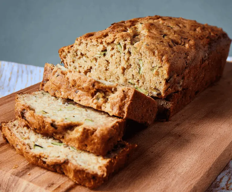 Homemade bakery-style zucchini bread topped with powdered sugar and walnuts, served on a rustic wooden table