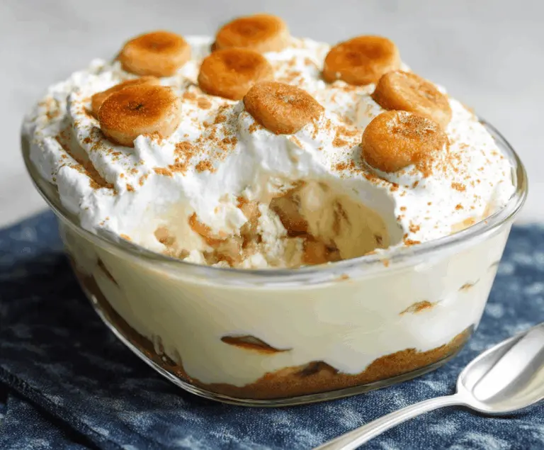 Creamy Banana's Foster Banana Pudding topped with caramelized bananas and whipped cream for a delicious dessert treat.