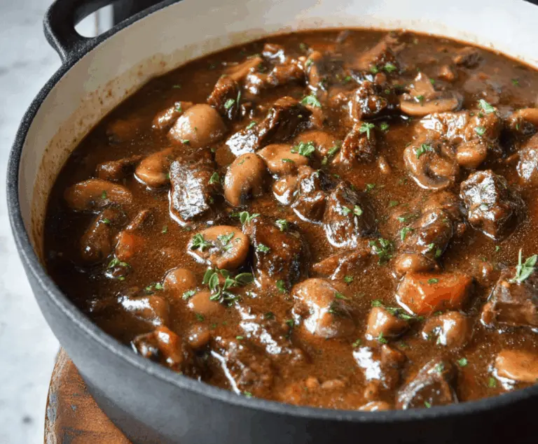 Hearty beef and mushroom stew in a rustic bowl with fresh herbs, perfect for a comforting meal.