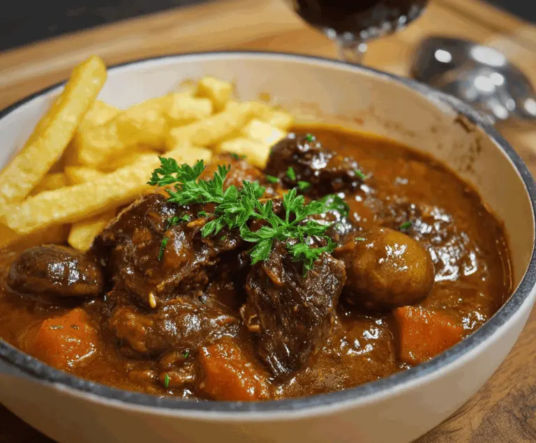 Delicious Belgian style slow-cooked beef stew with tender meat, vegetables, and rich gravy served in a rustic bowl