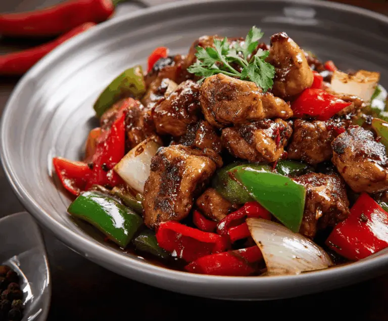 Delicious Black Pepper Chicken served with steamed rice, garnished with fresh herbs and cracked black pepper on a white plate.