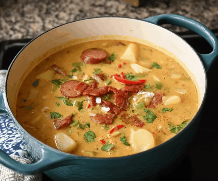 Creamy Cajun Potato Soup in a bowl topped with fresh herbs and served with bread, perfect for a comforting, spicy appetizer or main course.