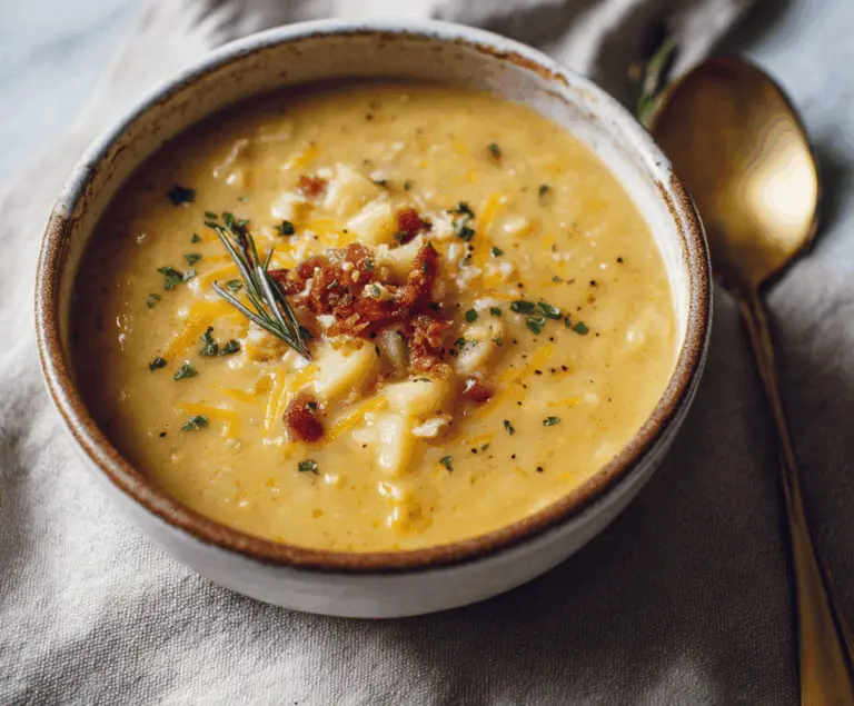 Creamy Cheddar Garlic Herb Potato Soup in a bowl with melted cheese, fresh herbs, and crispy bacon topping, perfect for a comforting meal