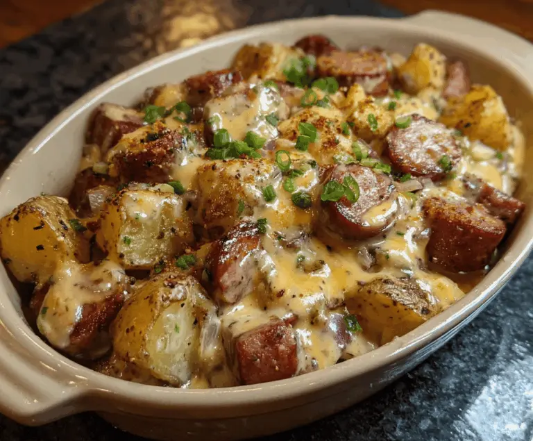 Delicious Cheesy Ranch Potatoes with Smoked Sausage served on a plate, featuring creamy cheese, flavorful sausage, and fresh herbs for a hearty, savory meal.