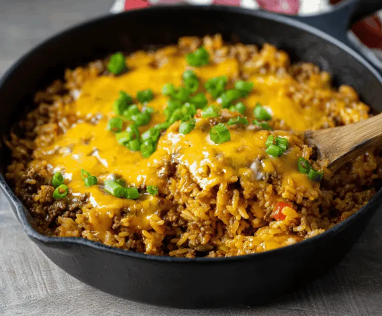 Delicious Cheesy Taco Rice Skillet topped with melted cheese, fresh lettuce, diced tomatoes, and savory taco-seasoned rice served in a skillet.