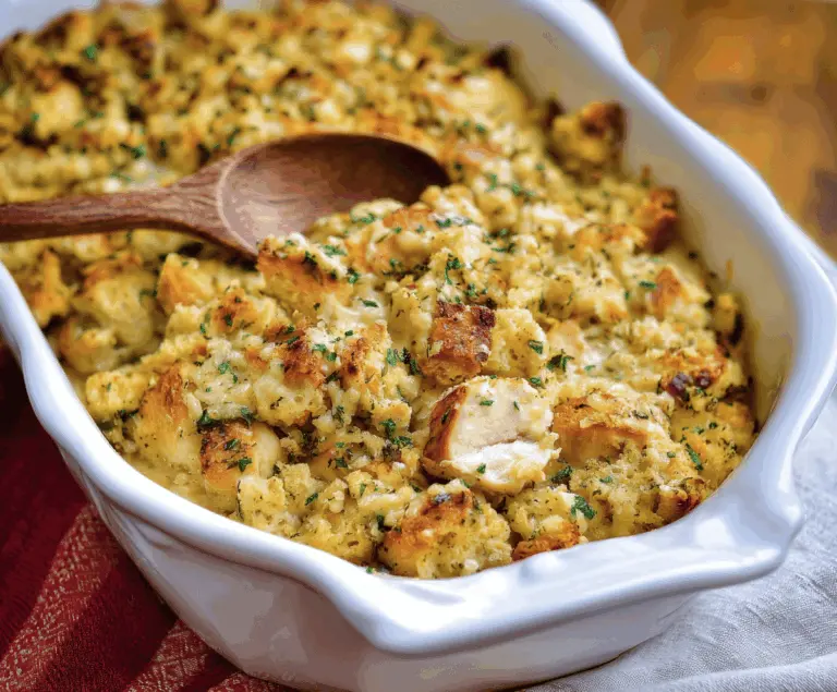 Delicious Chicken and Stuffing Bake topped with golden-brown stuffing and tender chicken pieces, served in a baking dish