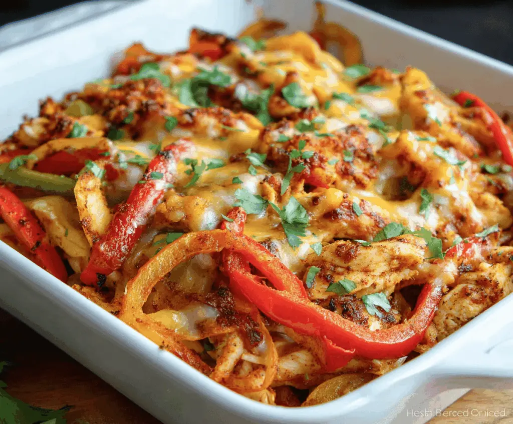 Delicious Chicken Fajita Casserole topped with melted cheese, colorful bell peppers, and sliced grilled chicken served in a baking dish.