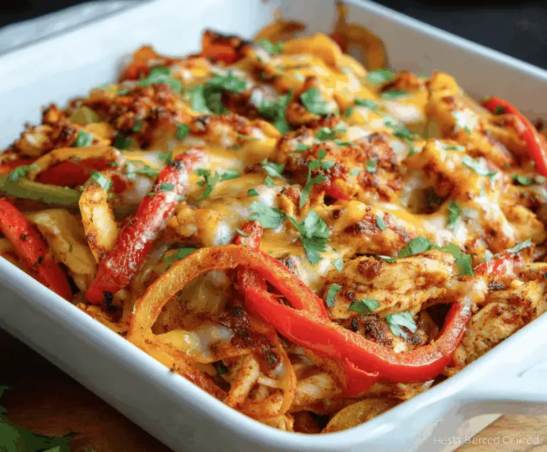 Delicious Chicken Fajita Casserole topped with melted cheese, colorful bell peppers, and sliced grilled chicken served in a baking dish.