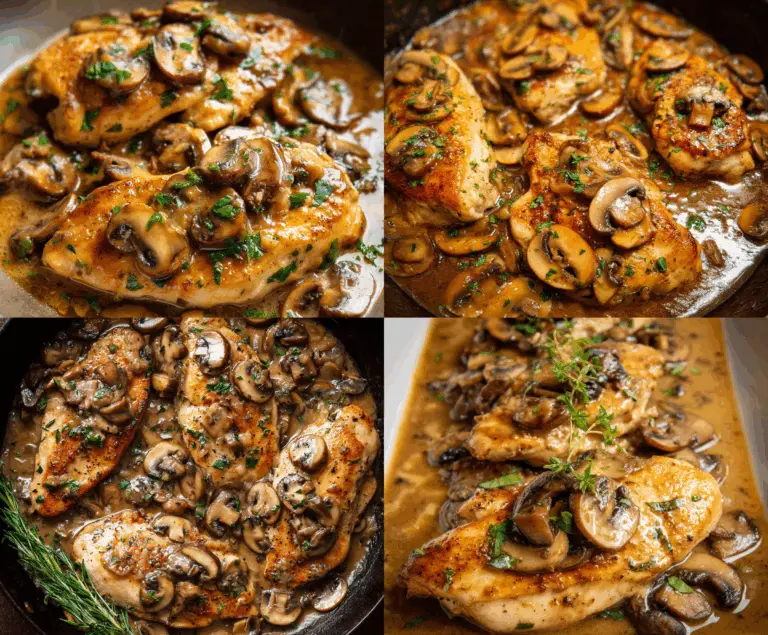 Succulent Chicken Marsala dish with tender chicken breasts cooked in rich Marsala wine sauce, garnished with fresh herbs