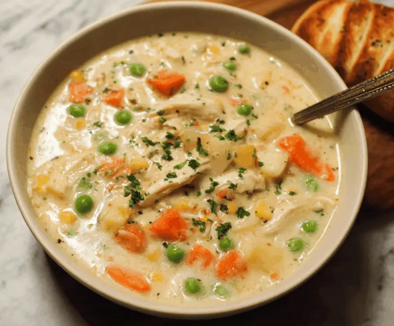 Creamy Chicken Pot Pie Soup garnished with fresh herbs in a rustic bowl, showcasing tender chicken, vegetables, and flaky crust pieces.