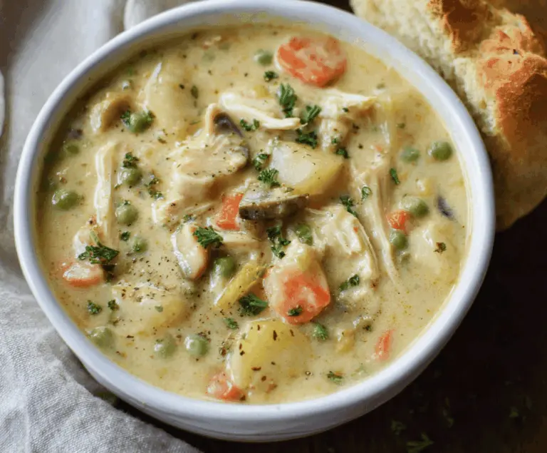 Creamy Chicken Pot Pie Soup topped with golden pastry crust and fresh herbs in a bowl, perfect for a cozy meal.