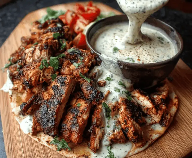 Delicious Chicken Shawarma topped with creamy garlic sauce served with fresh vegetables and pita bread