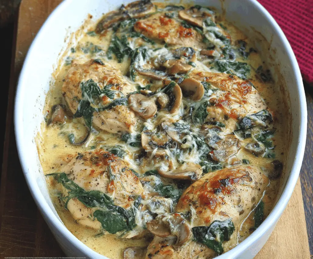 Delicious chicken, spinach, and mushroom low-carb bake in a baking dish, topped with melted cheese and fresh herbs