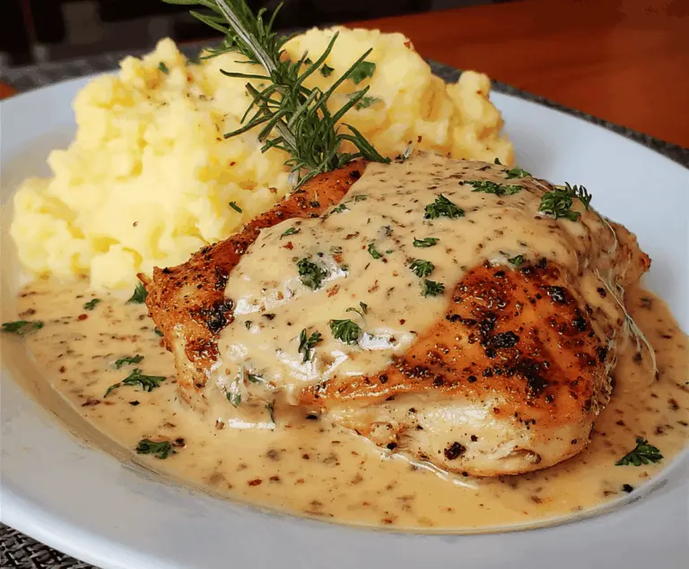 Creamy Dijon Chicken served with fluffy mashed potatoes on a plate, garnished with fresh herbs, perfect for a delicious and comforting meal.
