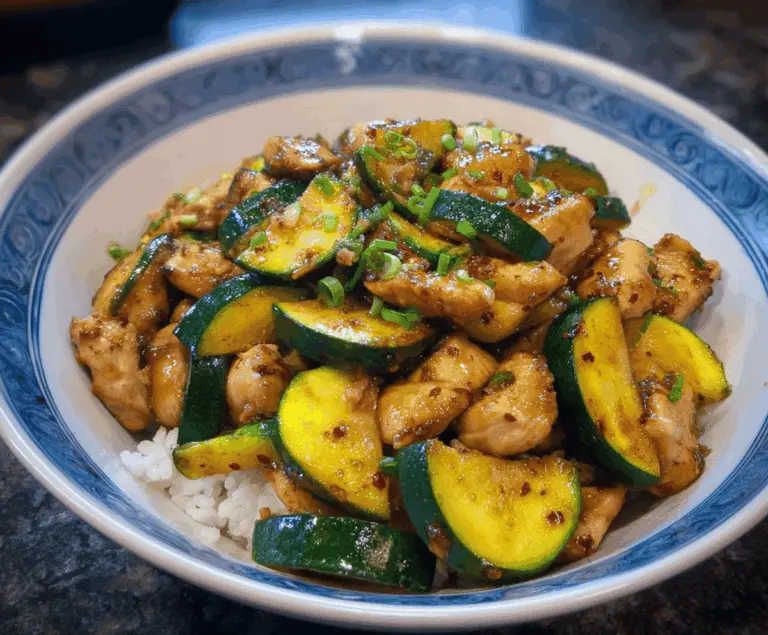 Colorful chicken zucchini stir fry with tender sliced chicken, fresh zucchini, and vibrant vegetables served in a bowl, perfect for a healthy and delicious meal.