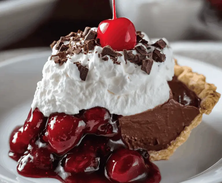 Rich and decadent chocolate cherry cream pie topped with whipped cream and fresh cherries, perfect for dessert lovers.