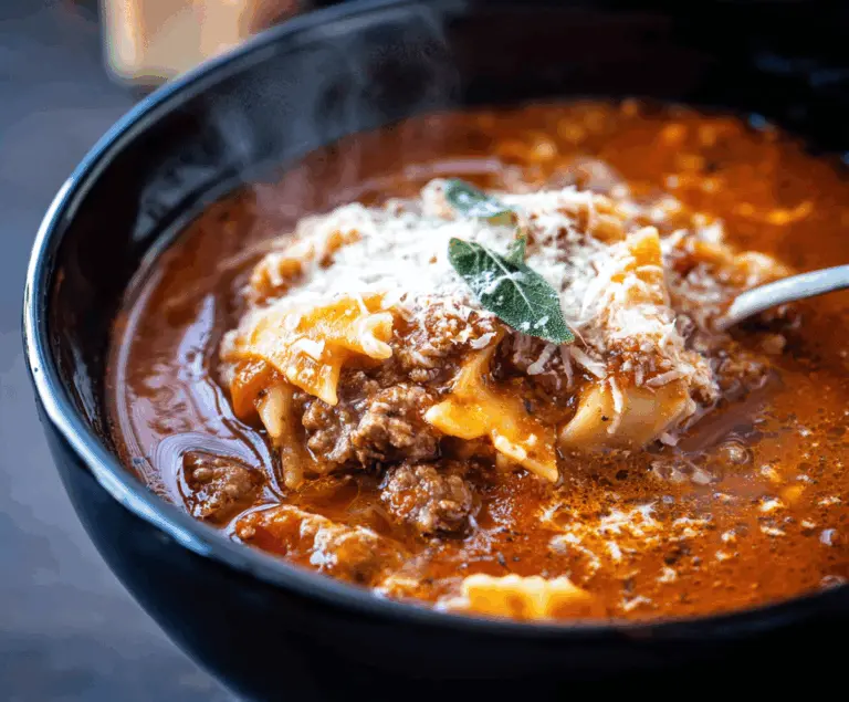 A bowl of comforting Classic Lasagna Soup topped with melted cheese, fresh basil, and served with garlic bread on the side.
