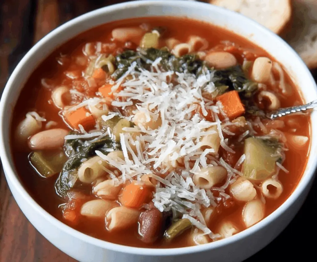 A steaming bowl of Classic Minestrone Soup with colorful vegetables, beans, and pasta garnished with fresh herbs, served in a rustic bowl.