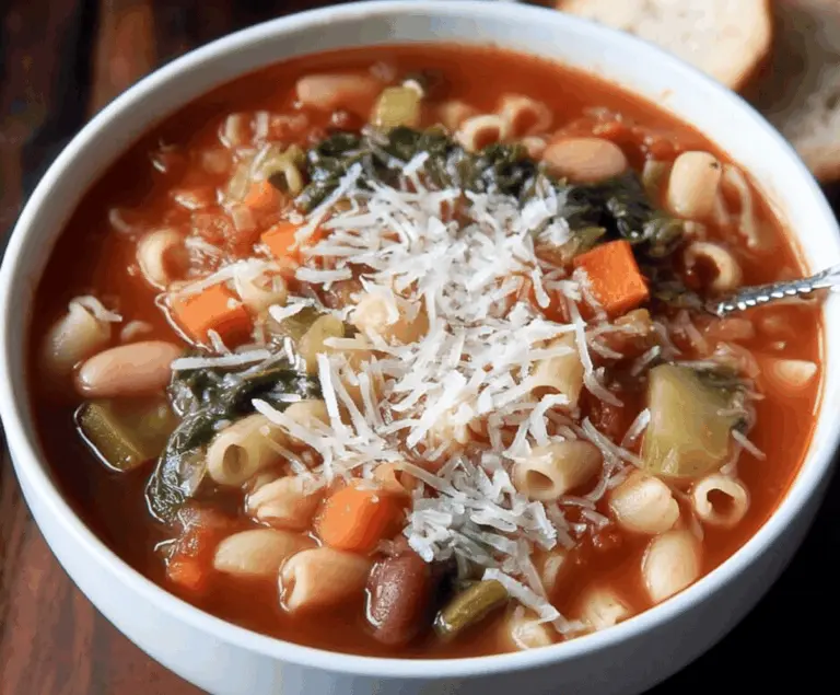 A steaming bowl of Classic Minestrone Soup with colorful vegetables, beans, and pasta garnished with fresh herbs, served in a rustic bowl.