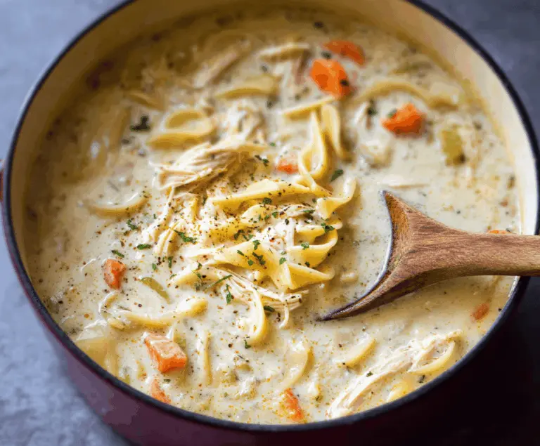Creamy Chicken Noodle Soup in a bowl with vegetables and herbs, served hot and garnished with fresh parsley