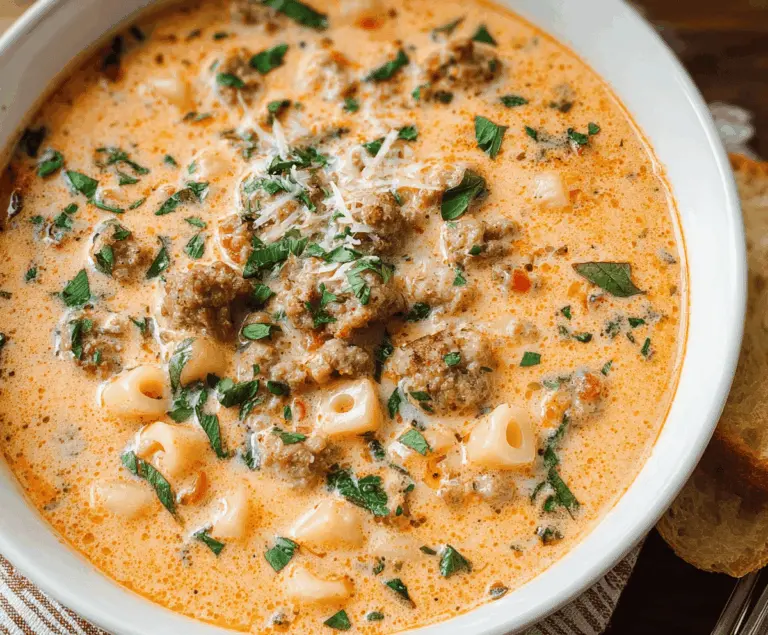 Creamy Parmesan Italian Sausage Soup with fresh herbs and melted cheese in a rustic bowl, ready to serve