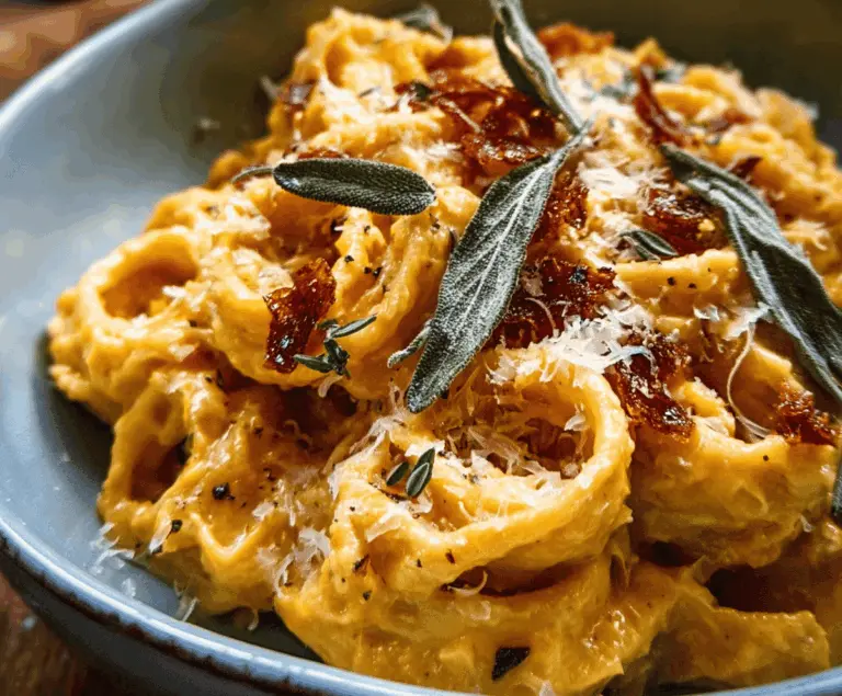 Creamy roasted garlic butternut squash pasta served on a white plate with fresh herbs and a fork, highlighting a delicious vegetarian dinner option