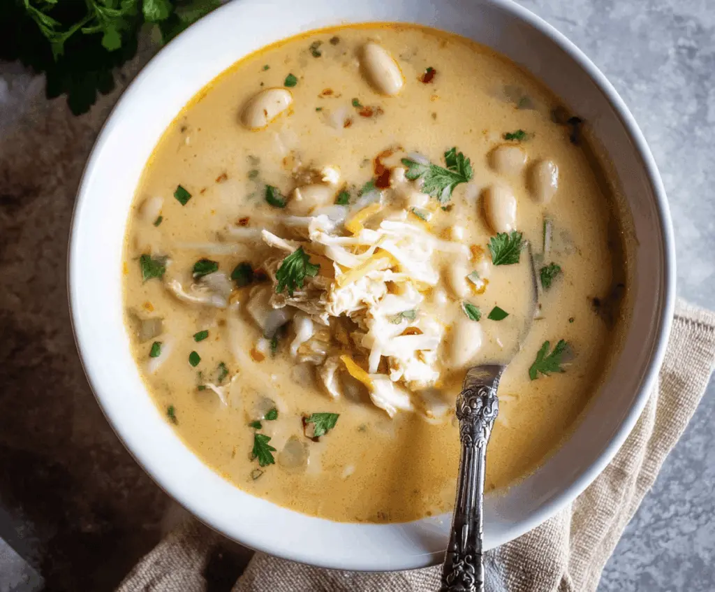 Creamy White Bean Enchilada Soup in a bowl topped with cheese, cilantro, and sour cream, served with tortilla chips on the side.