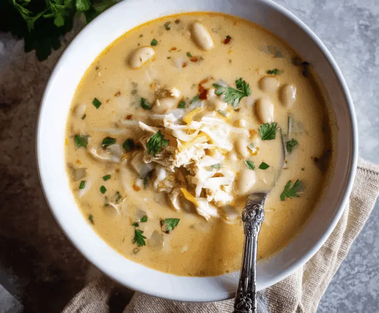 Creamy White Bean Enchilada Soup in a bowl topped with cheese, cilantro, and sour cream, served with tortilla chips on the side.