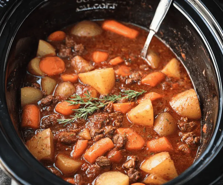 Hearty Crock Pot Poor Man's Stew with tender beef, vegetables, and savory broth in a slow cooker