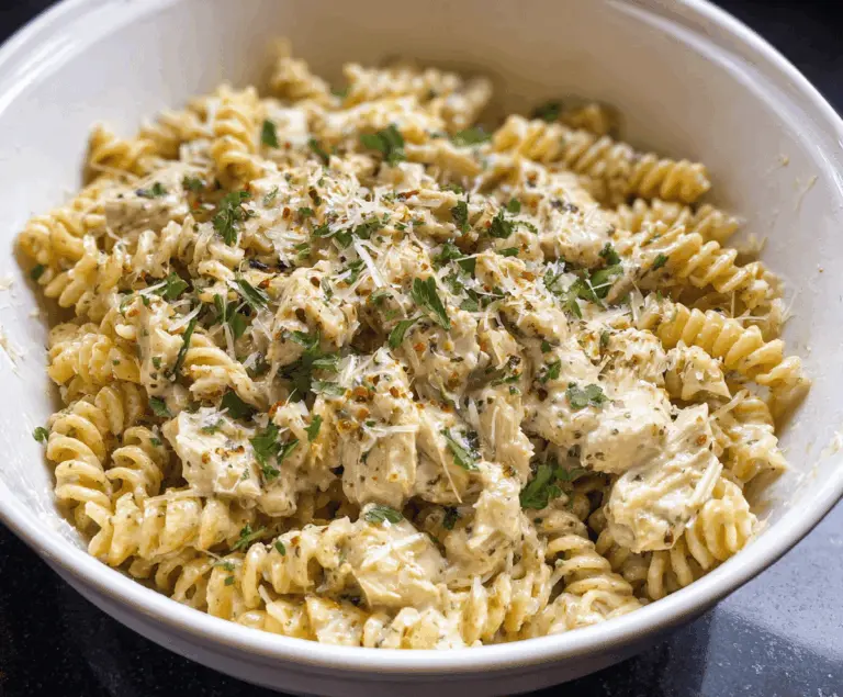 Creamy crockpot garlic parmesan chicken pasta dish garnished with fresh herbs in a bowl