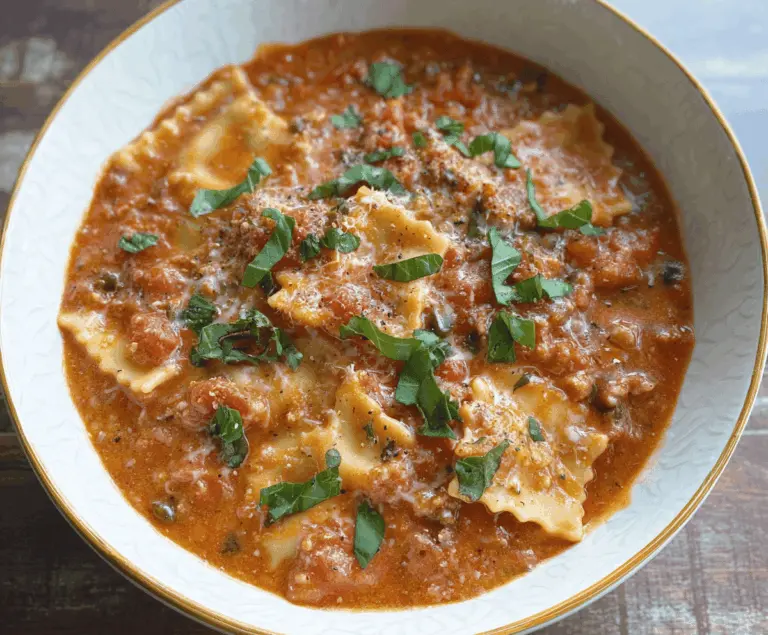 Creamy dairy-free lasagna soup in a bowl with melted dairy-free cheese, fresh herbs, and seasoned ground meat, served with crusty bread on the side.
