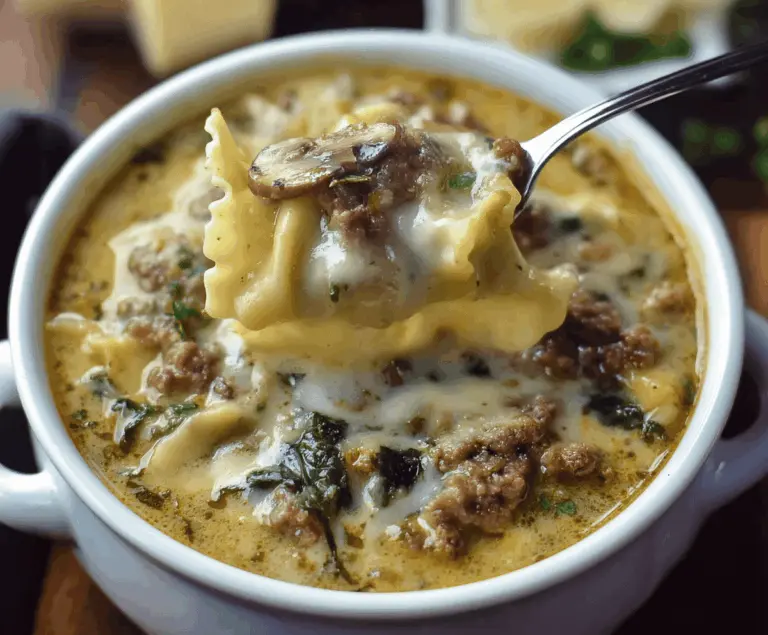Creamy Alfredo Lasagna Soup in a bowl topped with cheese and fresh herbs, showcasing a rich and indulgent Italian-inspired dish