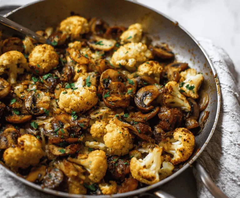 Delicious garlic cauliflower mushroom skillet featuring sautéed cauliflower, mushrooms, and fresh garlic in a savory skillet dish