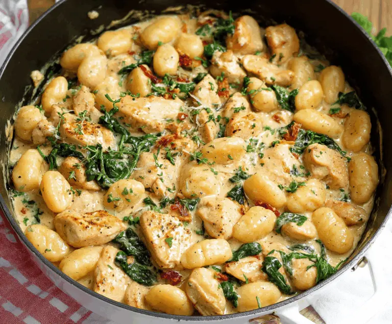 Creamy garlic chicken with golden gnocchi in a skillet, garnished with fresh herbs for a delicious and comforting meal.