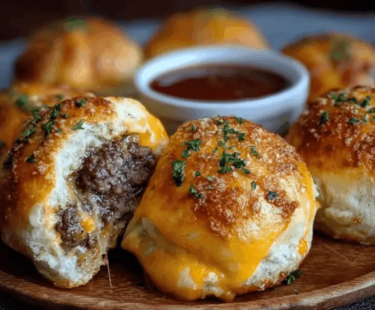 Delicious Garlic Parmesan Cheeseburger Bombs with melted cheese, crispy bacon, and fresh herbs served on a plate