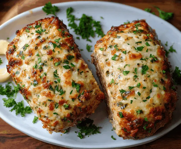 Juicy Garlic Parmesan Chicken Meatloaf topped with melted cheese and fresh herbs on a rustic plate