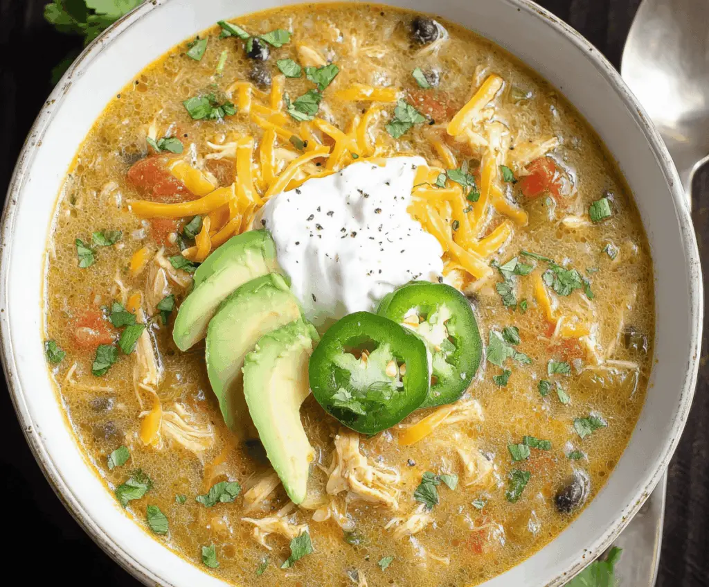 A steaming bowl of Green Enchilada Chicken Soup garnished with fresh cilantro, avocado slices, and shredded cheese, served with tortilla chips on the side.