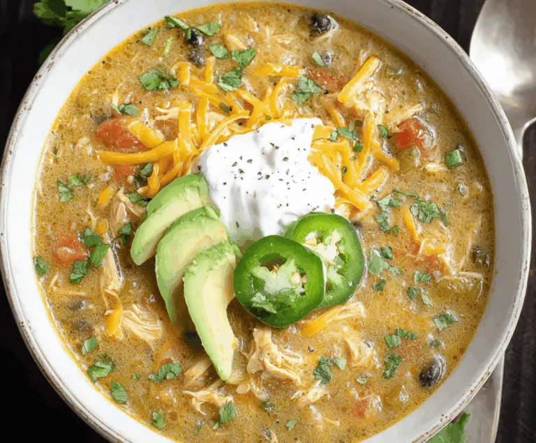 A steaming bowl of Green Enchilada Chicken Soup garnished with fresh cilantro, avocado slices, and shredded cheese, served with tortilla chips on the side.