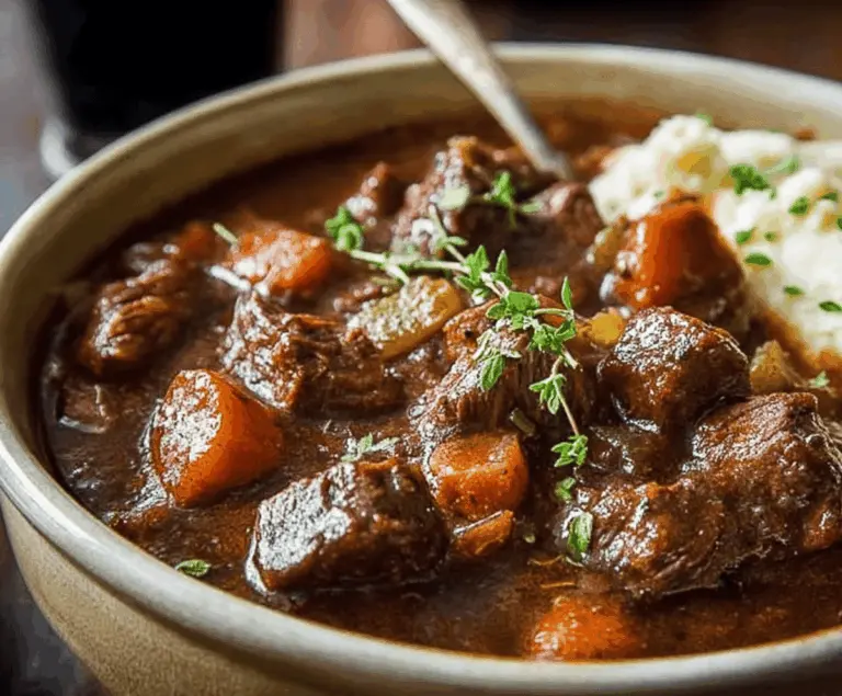 Hearty Guinness Irish Beef Stew with tender beef chunks, carrots, potatoes, and fresh herbs in a rich, flavorful broth.