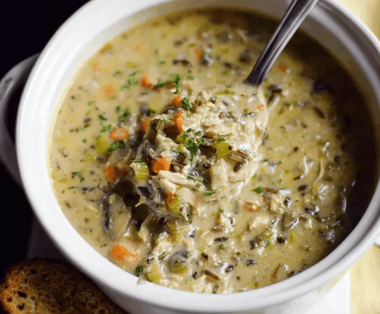 Hearty and nutritious chicken wild rice soup in a bowl, garnished with herbs and vegetables, perfect for a healthy meal.
