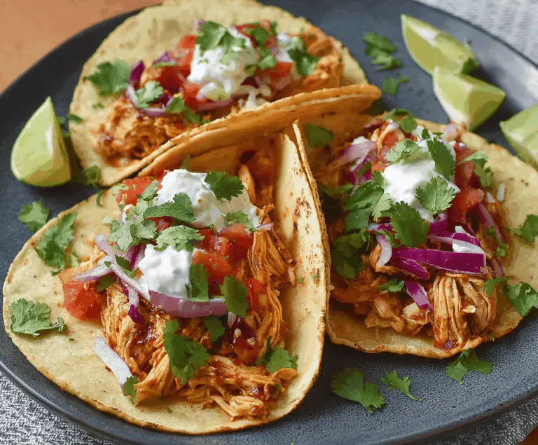 Delicious and healthy slow cooker chicken tacos topped with fresh vegetables and herbs on a plate